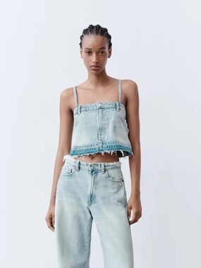 Zara Denim Skirt-Style Crop Top Light Wash Frayed Hem Y2K Size S